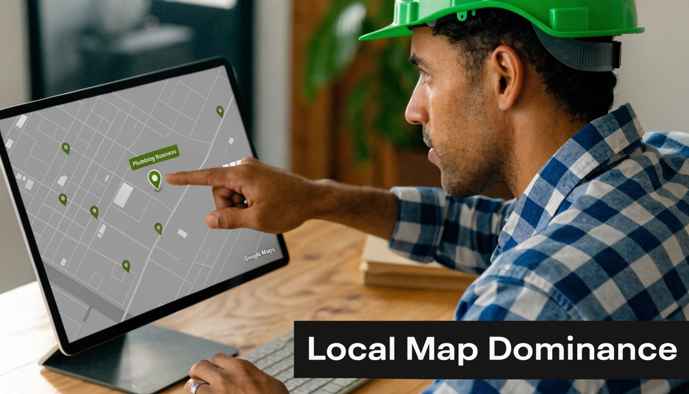 A professional contractor in a green hard hat reviewing a local map business listing on computer.
