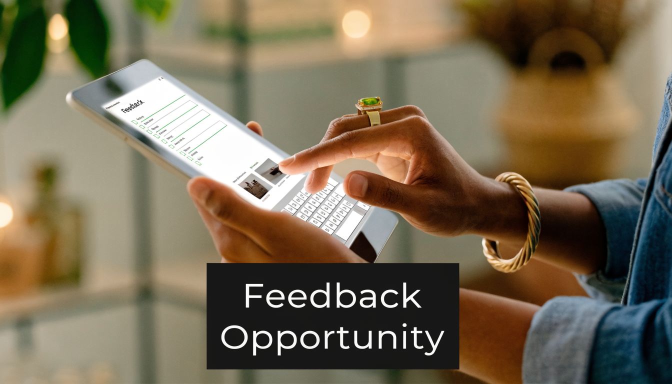 A person holding a digital tablet providing online business feedback using a touchscreen keyboard.