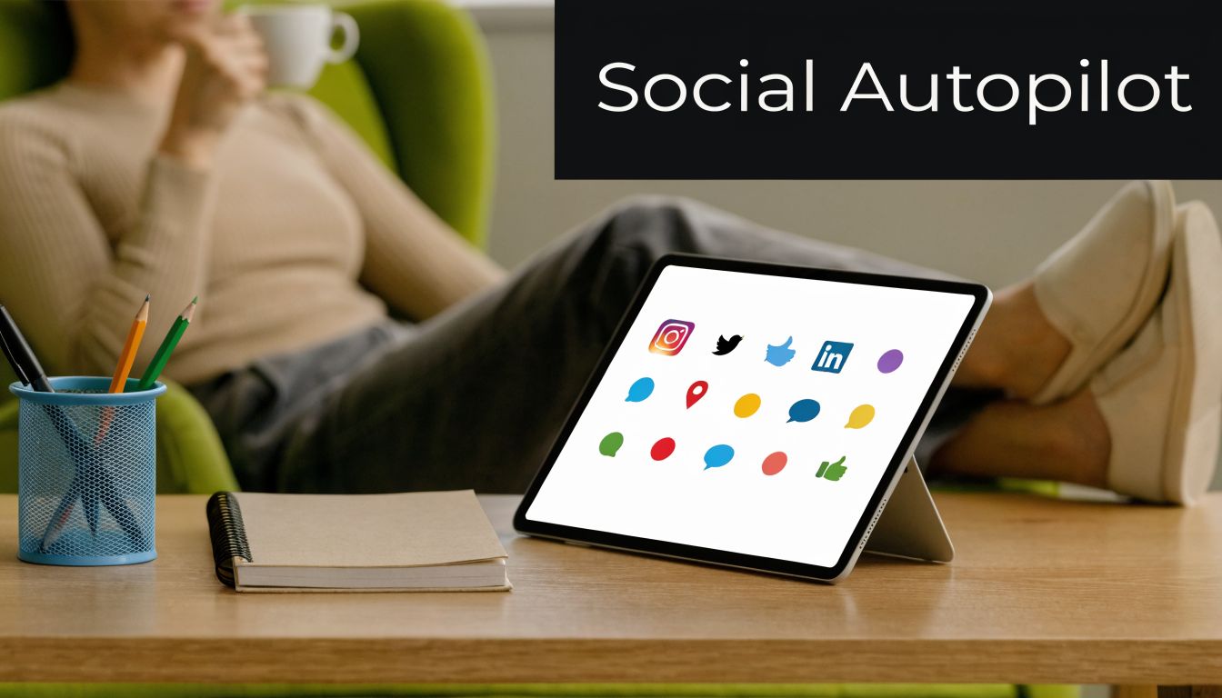 A relaxed person sitting with a tablet displaying various social media icons on a wooden table.