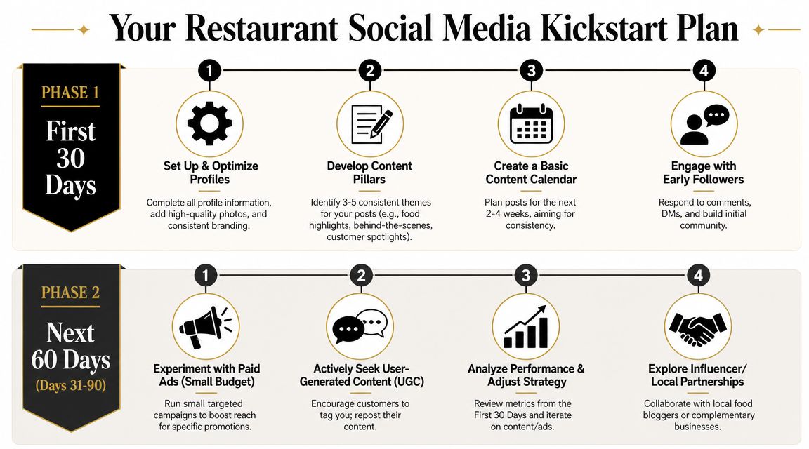 A two-phase infographic titled Your Restaurant Social Media Kickstart Plan, outlining steps for social media growth.