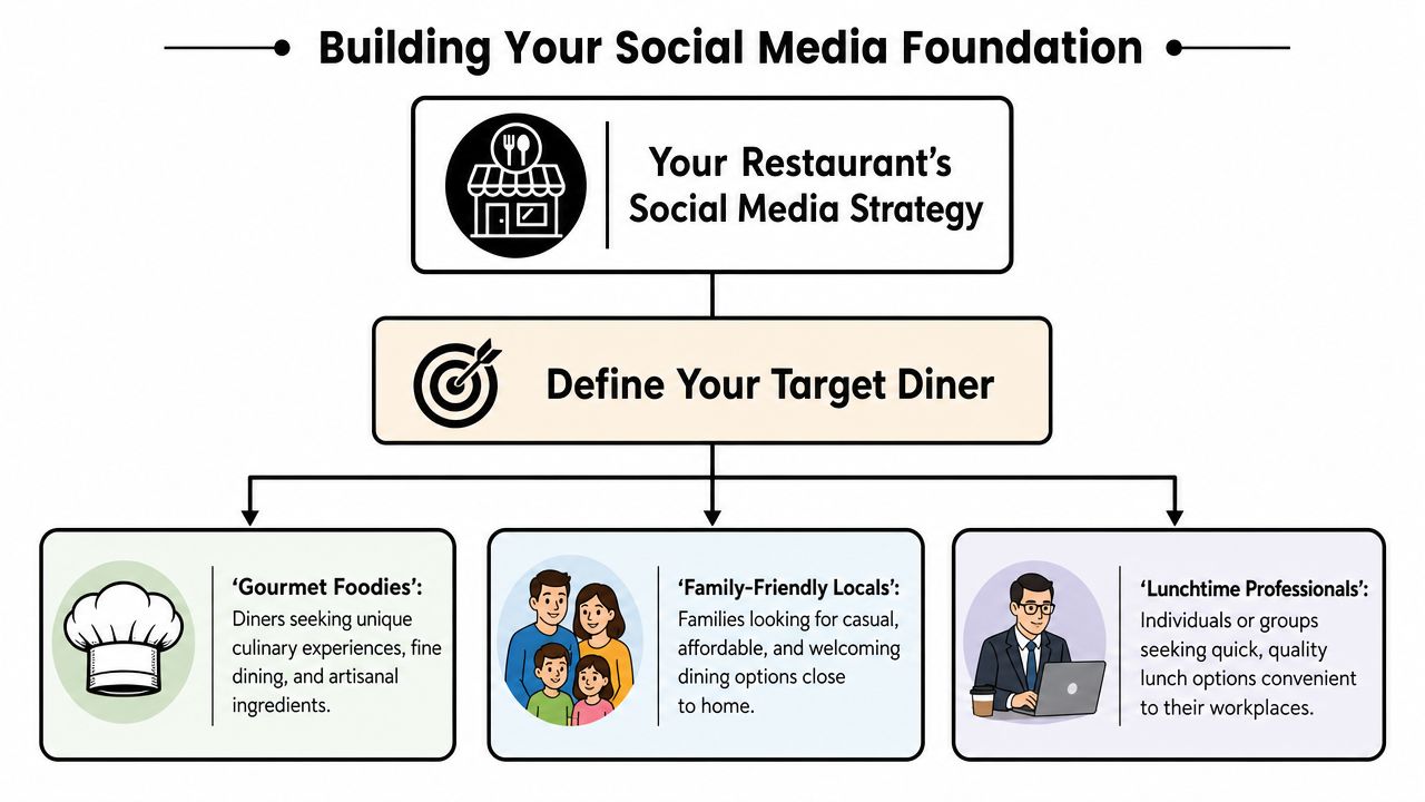 A diagram outlining a social media strategy for restaurants with three target diner profiles including categories.