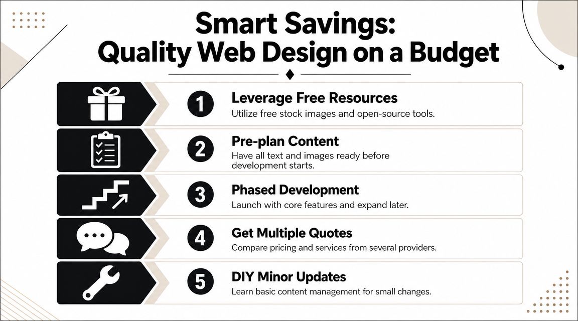 An infographic listing five tips for achieving quality web design while staying within a budget.