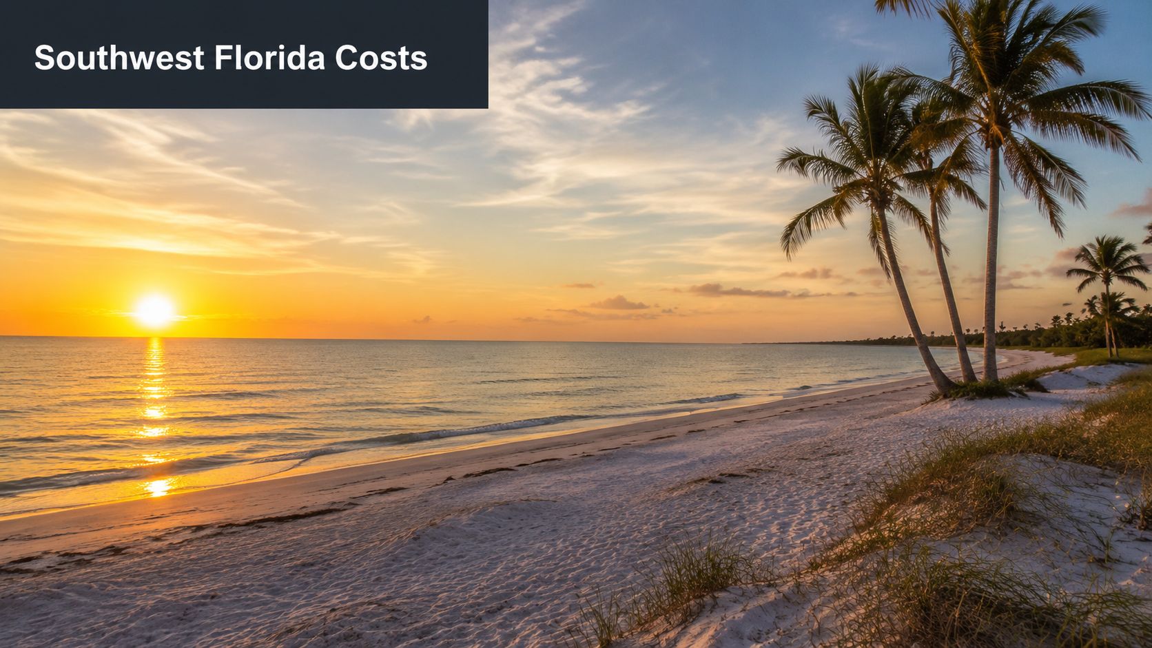 A scenic sunset over a pristine white sandy beach in Southwest Florida with palm trees.