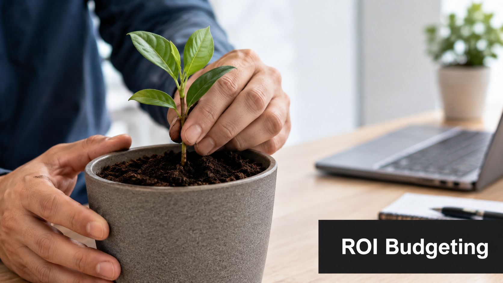A person carefully planting a small green sprout in a pot, representing investment and business growth.
