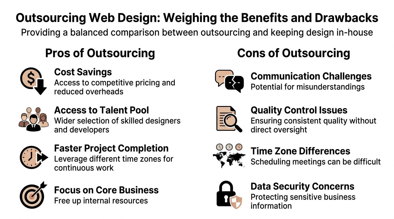 An infographic comparing the pros and cons of outsourcing web design services for businesses.
