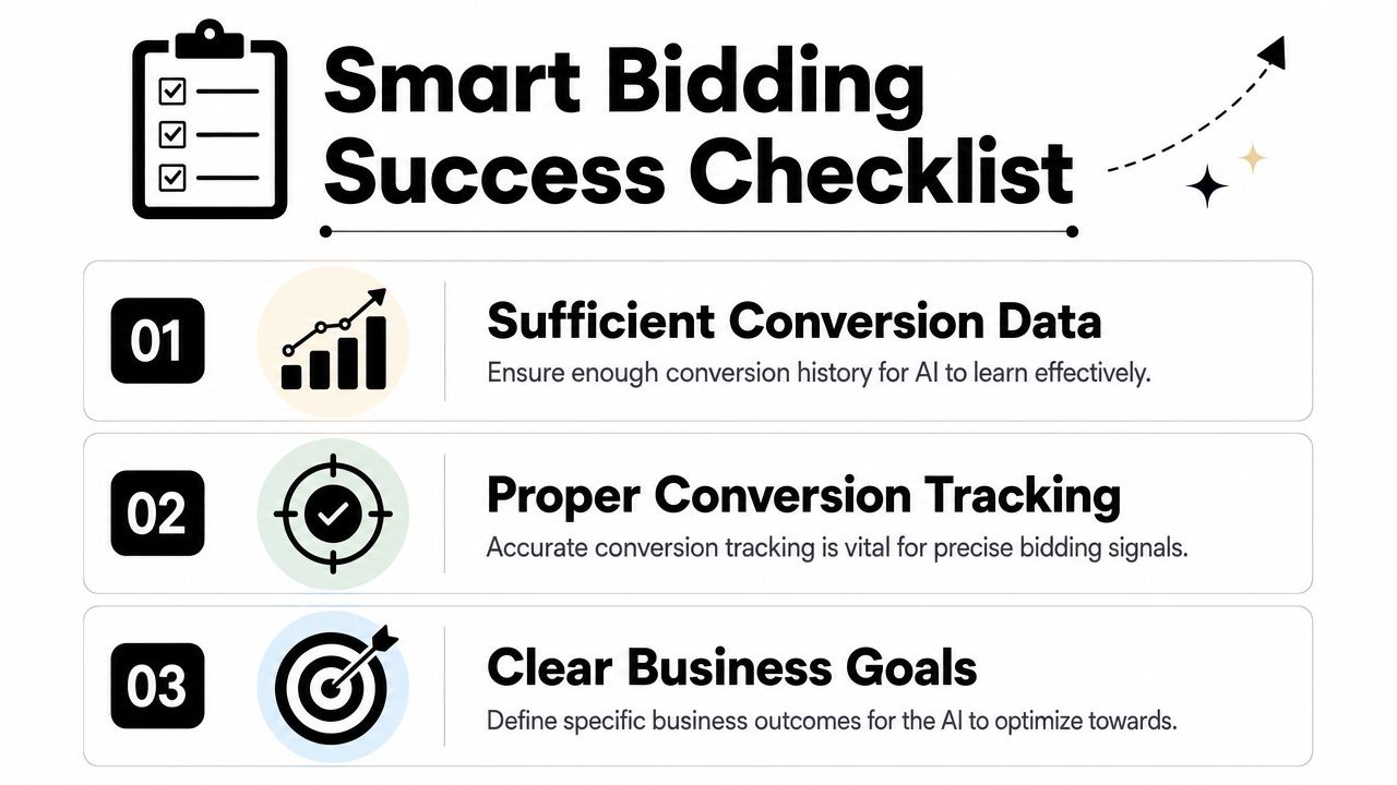 A checklist infographic titled Smart Bidding Success Checklist detailing three key steps for advertising performance optimization.