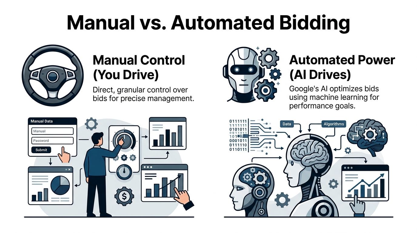 An infographic comparing manual control and automated power bidding strategies for Google Ads management.