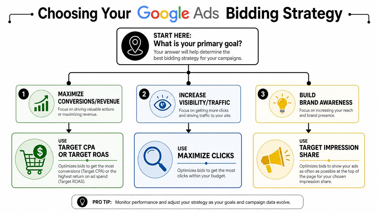 A flowchart explaining how to choose a Google Ads bidding strategy based on your primary marketing goals.