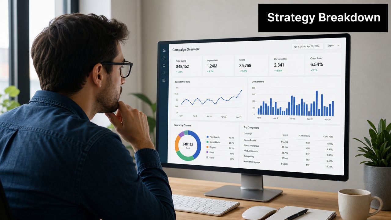 A professional analyzing a digital marketing dashboard on a computer screen showing campaign performance metrics and data.