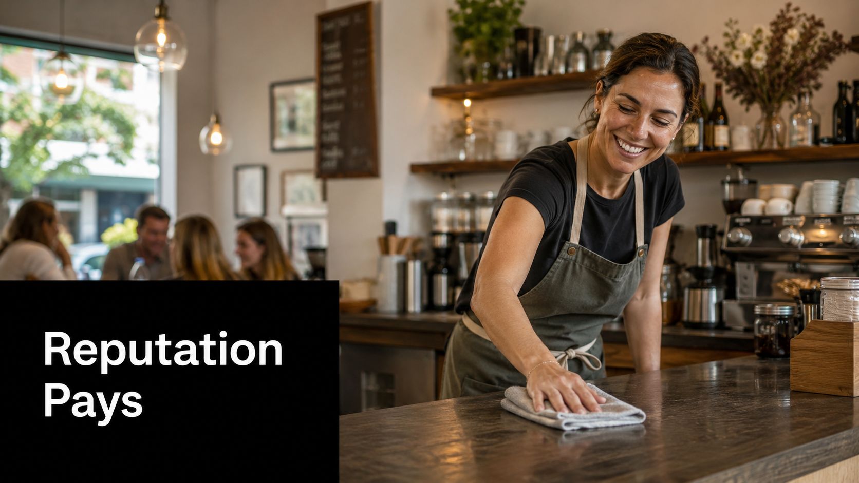 A friendly barista smiling while cleaning a wooden café counter, showcasing professionalism and welcoming customer service.