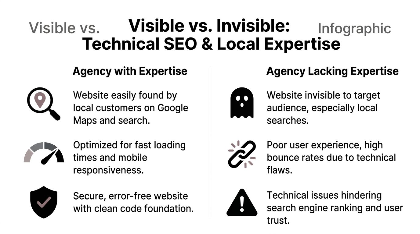An infographic comparing a technical SEO-optimized web agency against one lacking expertise and visibility.