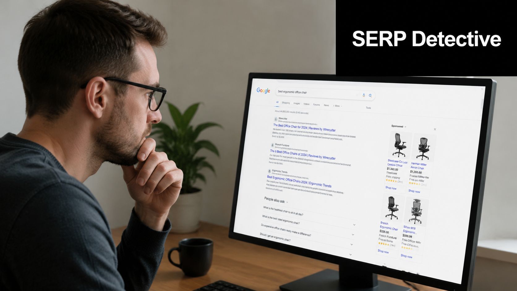 A man in glasses thoughtfully looking at a computer screen showing ergonomic office chair search results.