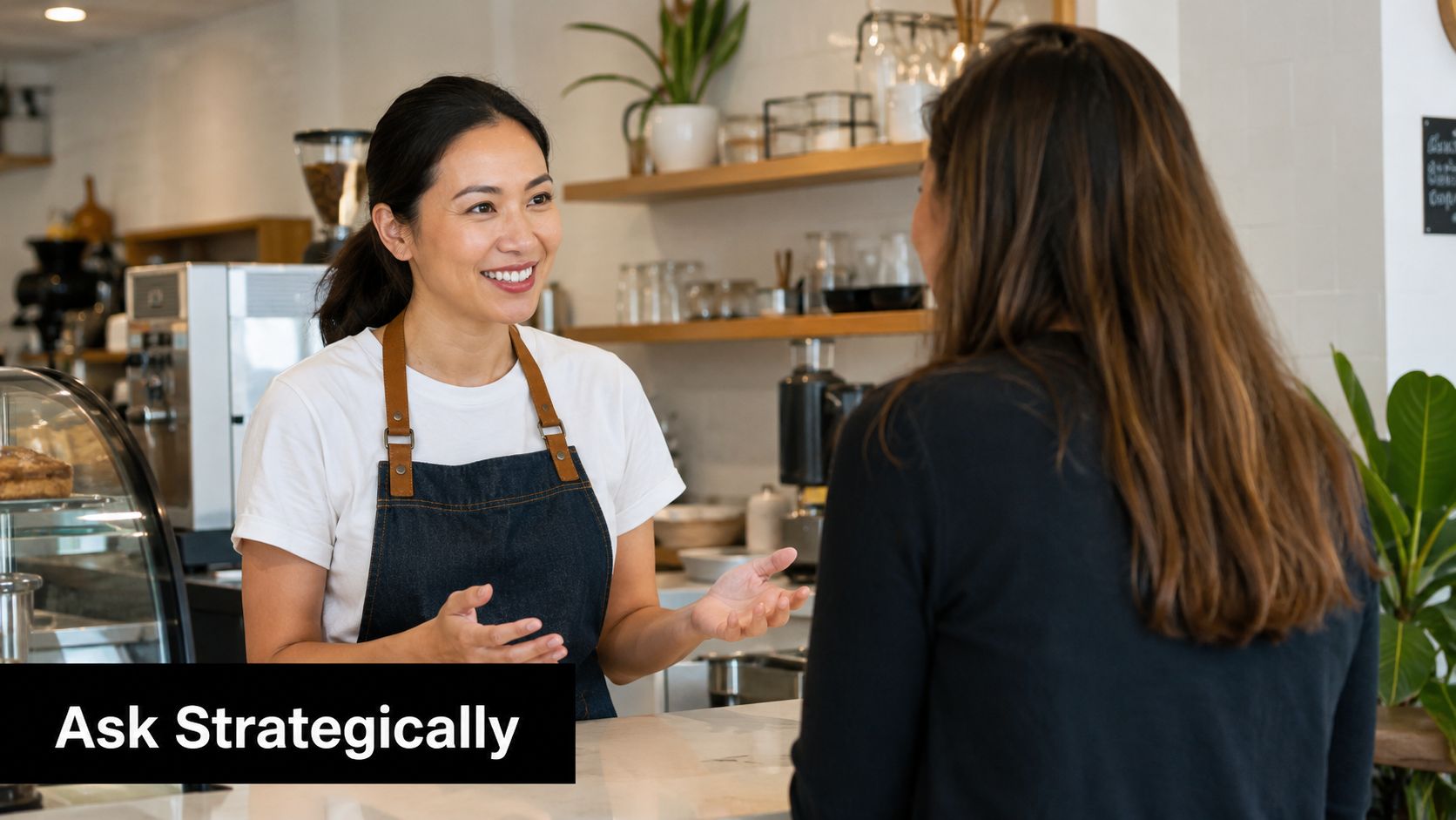 A friendly barista in a cafe apron having a conversation with a customer at the counter.