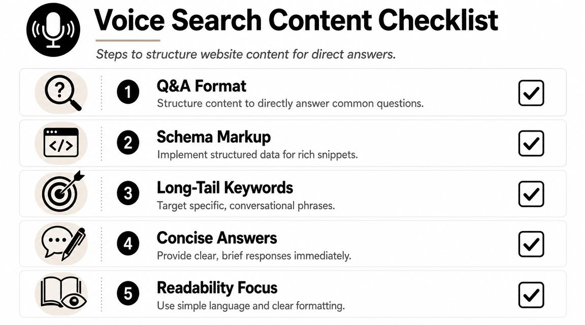 A five-step voice search content checklist with icons illustrating strategies for optimizing website content for voice assistants.
