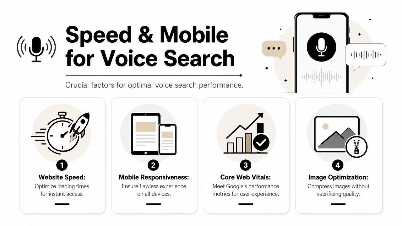 An infographic showing four essential factors for optimizing a website for mobile and voice search performance.