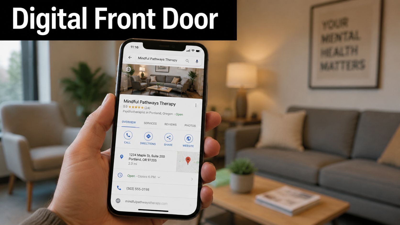 A hand holding a smartphone displaying a Google Business profile for a local therapy office in Portland.