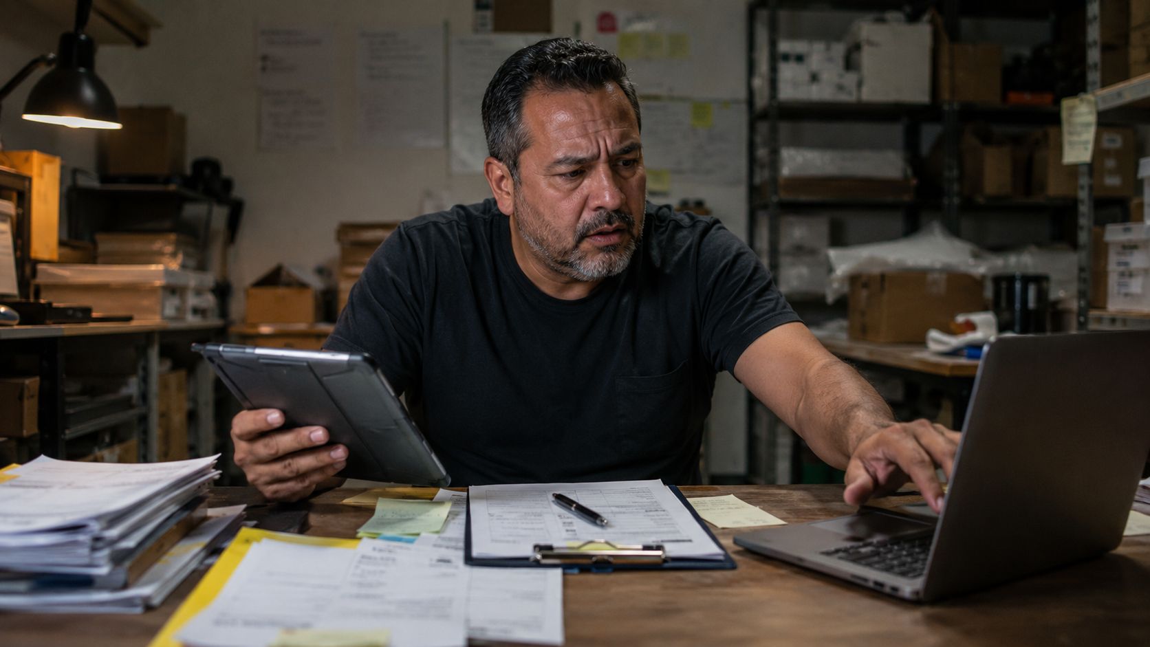 A focused man working in an office with a tablet, laptop, and documents on his desk.
