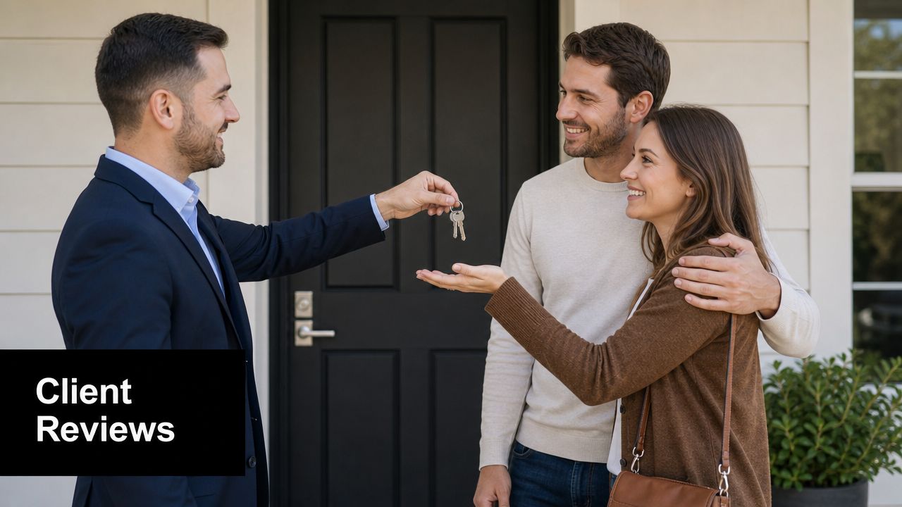 A real estate agent handing over house keys to a smiling young couple in front of home