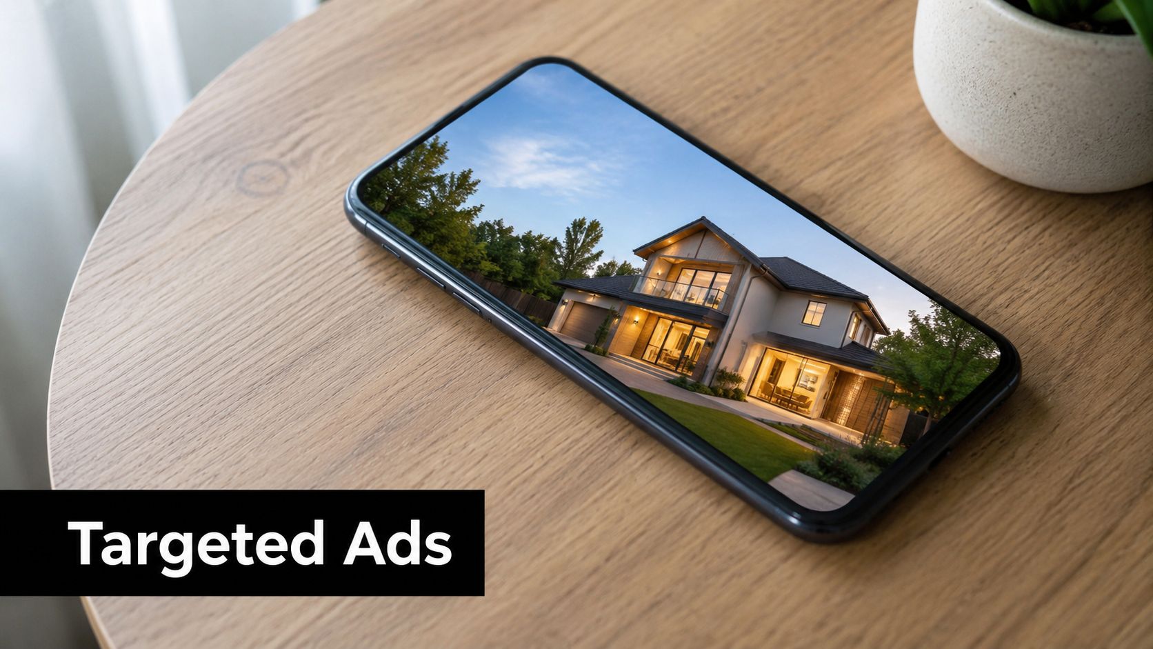 A smartphone resting on a wooden table displaying a modern house image for real estate advertising.