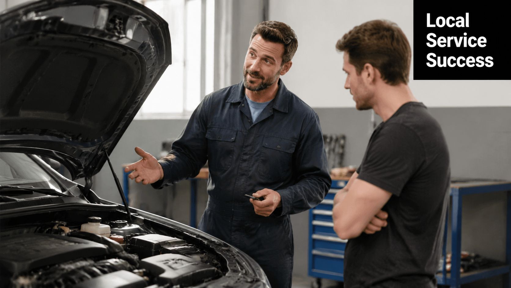 A professional mechanic in a blue uniform explains car engine repairs to a male customer in a shop.