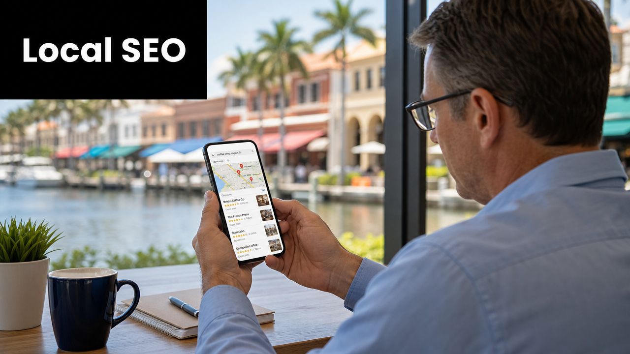 A professional man checking local coffee shop search results on a smartphone while sitting in a cafe.