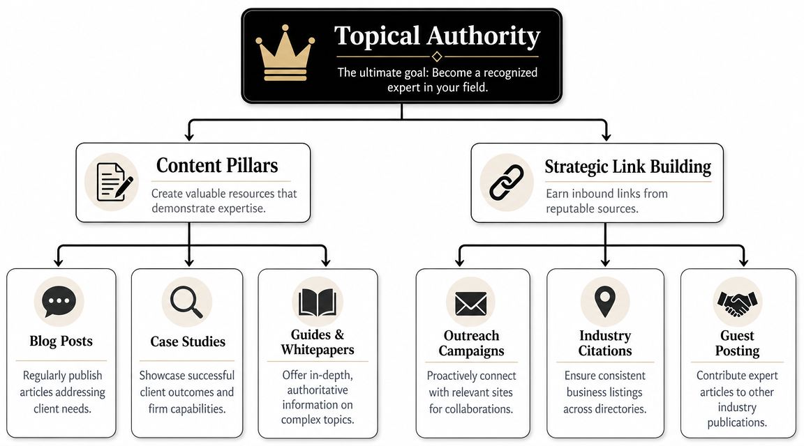 A diagram outlining two core strategies for building topical authority: Content Pillars and Strategic Link Building.