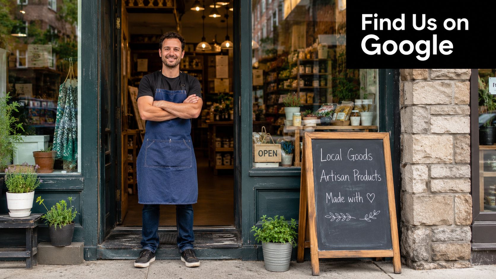 A friendly shop owner standing in the doorway of a small artisanal store with a sandwich board.