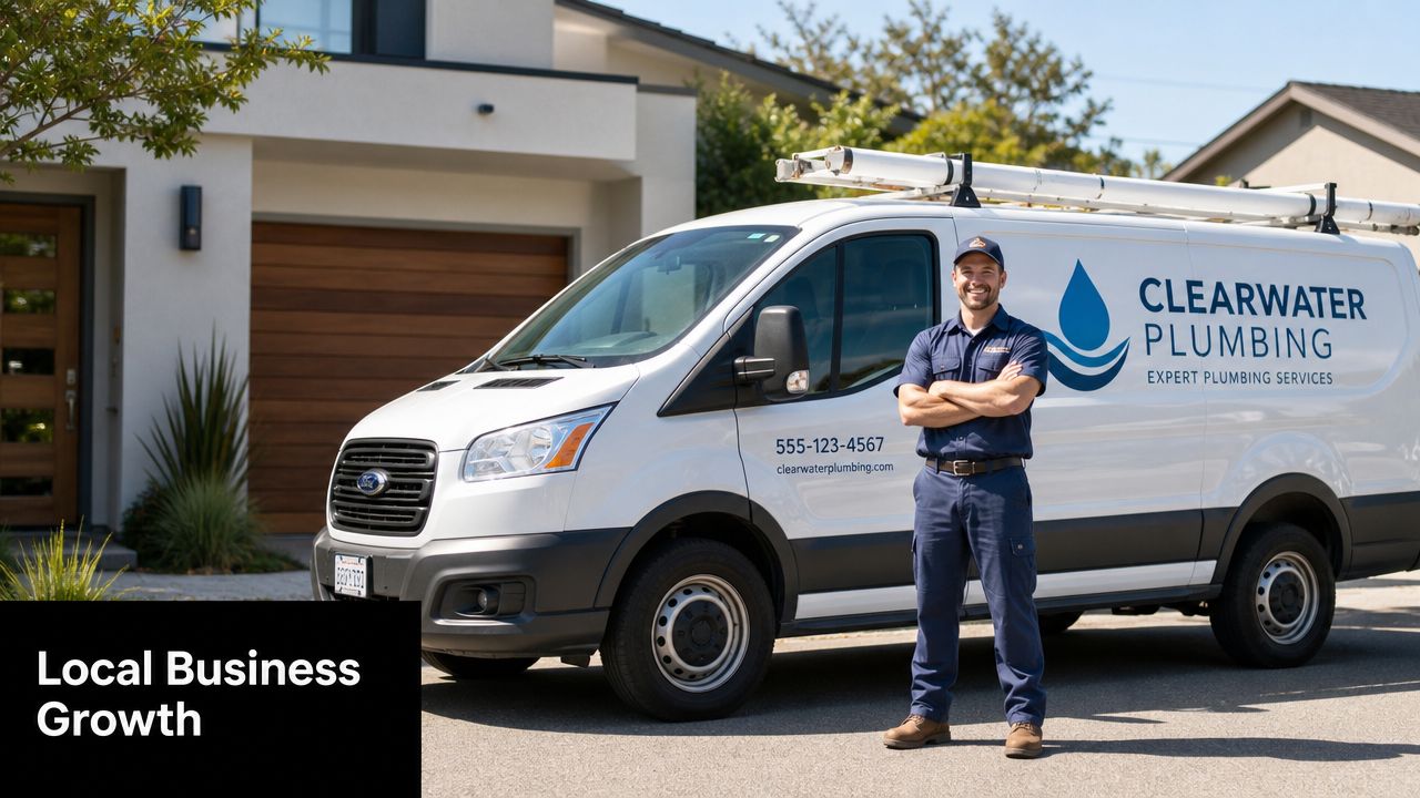 A professional plumber stands proudly with arms crossed next to his white company work van.