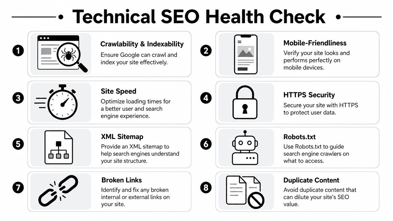 A checklist infographic illustrating eight essential technical SEO health factors for optimizing a website's search performance.