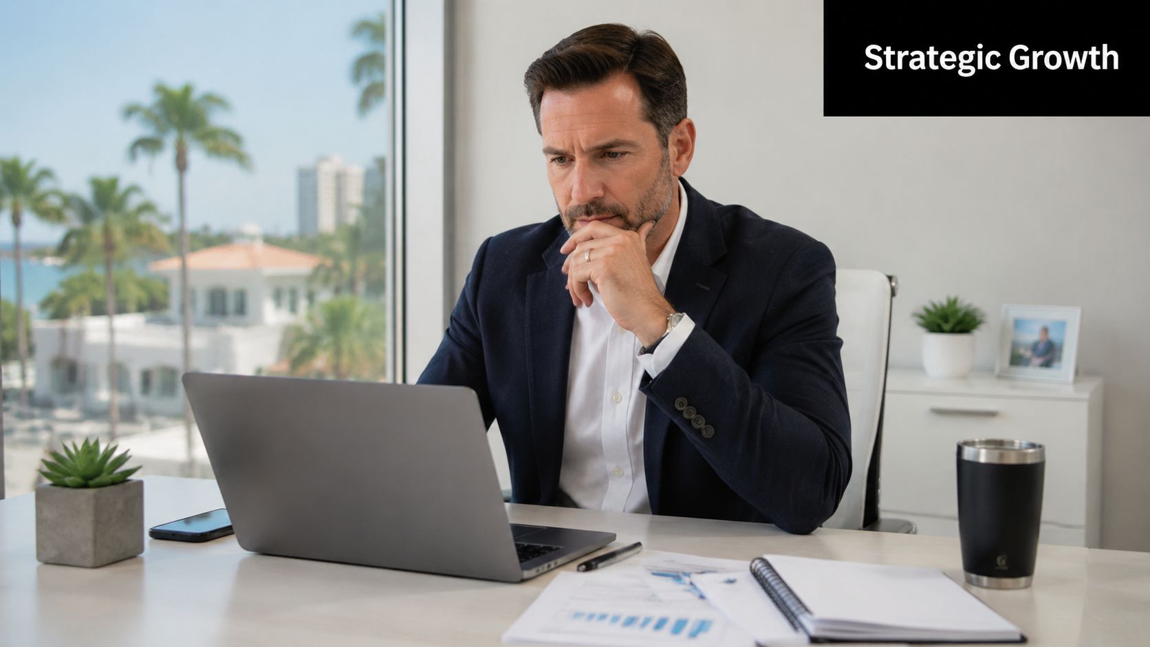 A professional man in a business suit working thoughtfully on his laptop in a bright office.
