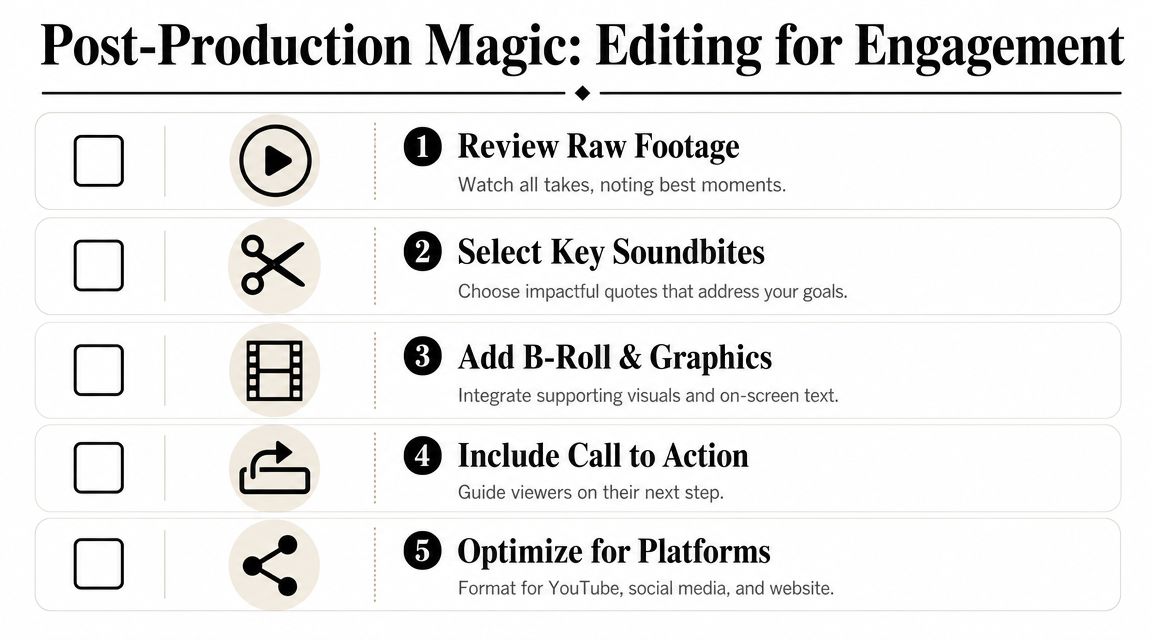 A checklist infographic titled Post-Production Magic showing five steps for engaging video editing and content creation.