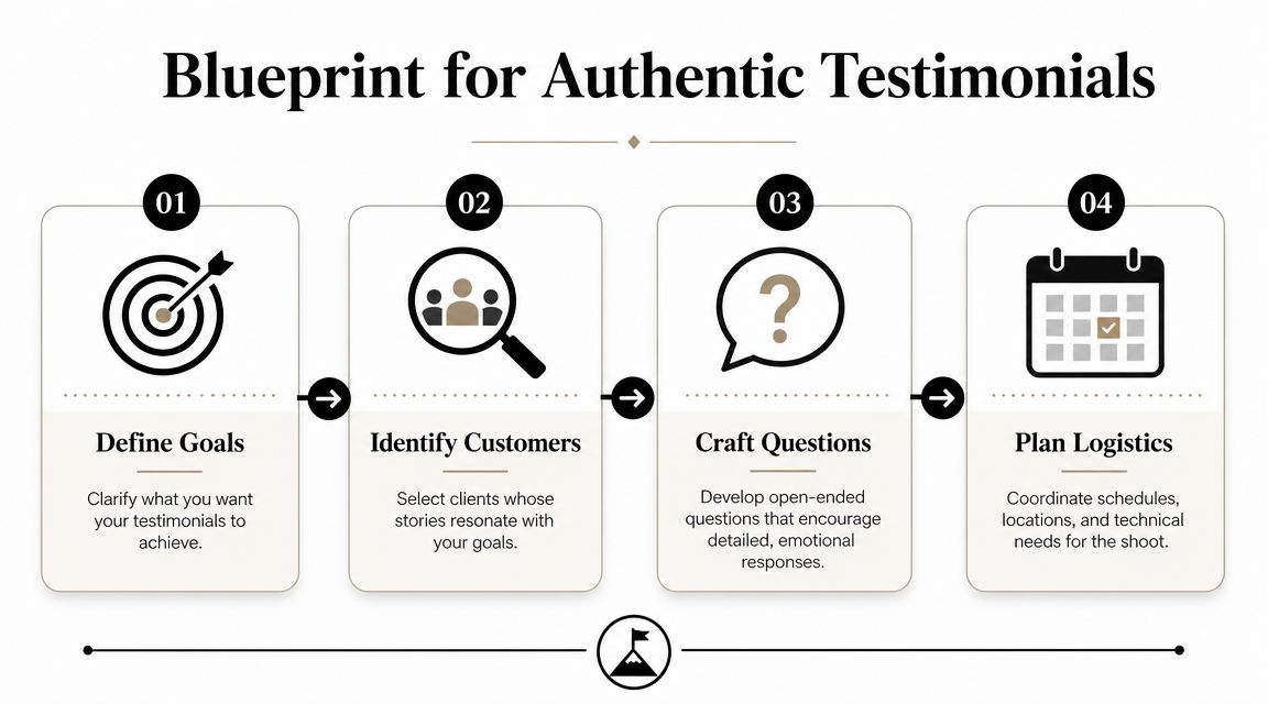 A four-step infographic illustrating a process for creating authentic video testimonials for business marketing purposes.