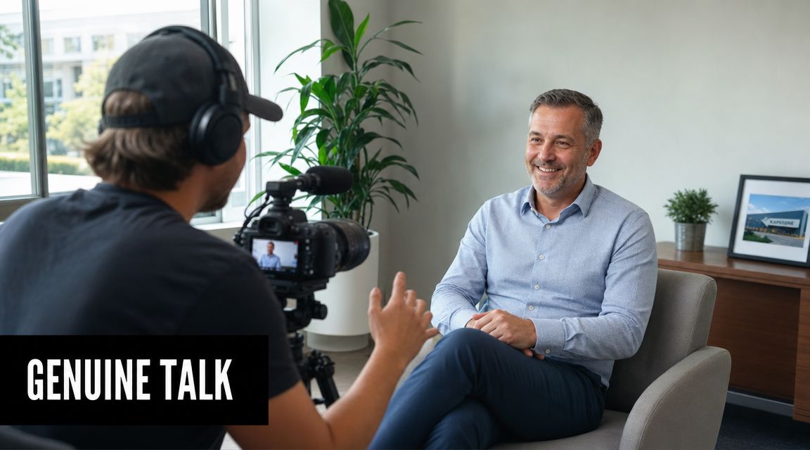 A professional videographer filming an interview with a smiling man in a bright, modern office space.
