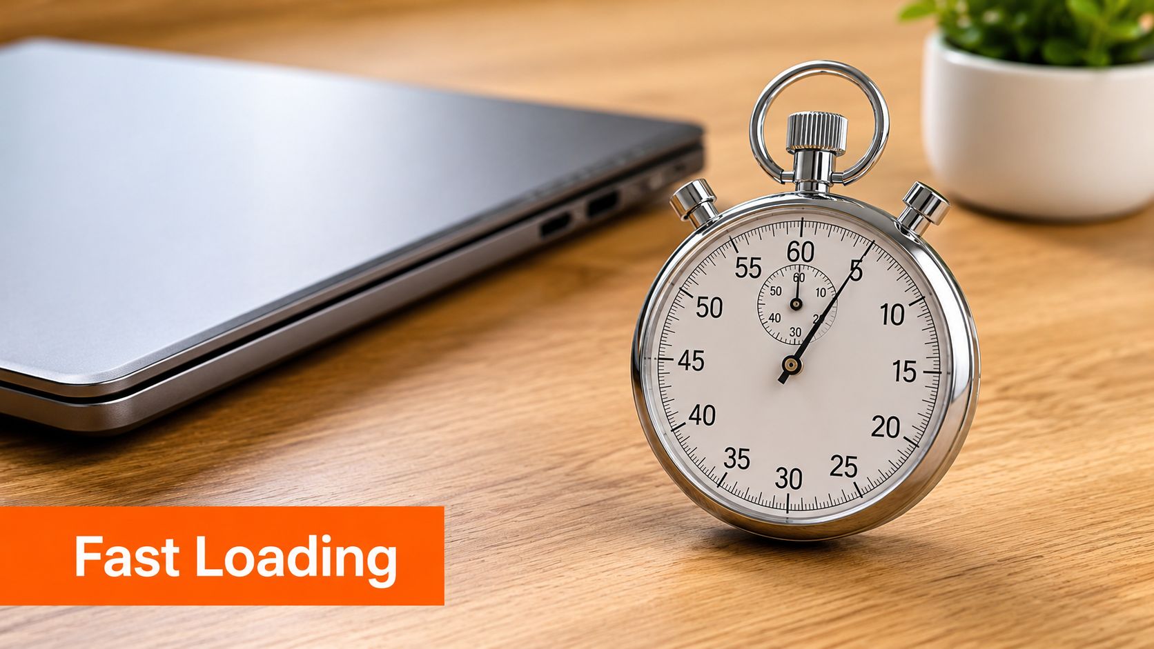 A silver stopwatch sits on a wooden desk next to a closed laptop representing fast loading.