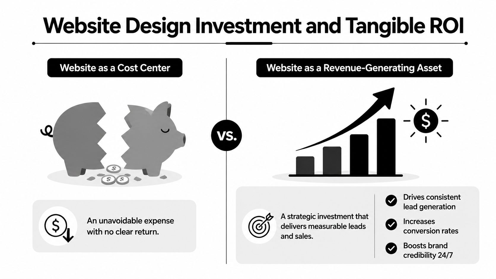 A diagram comparing a website as a cost center versus a revenue-generating asset for business growth.