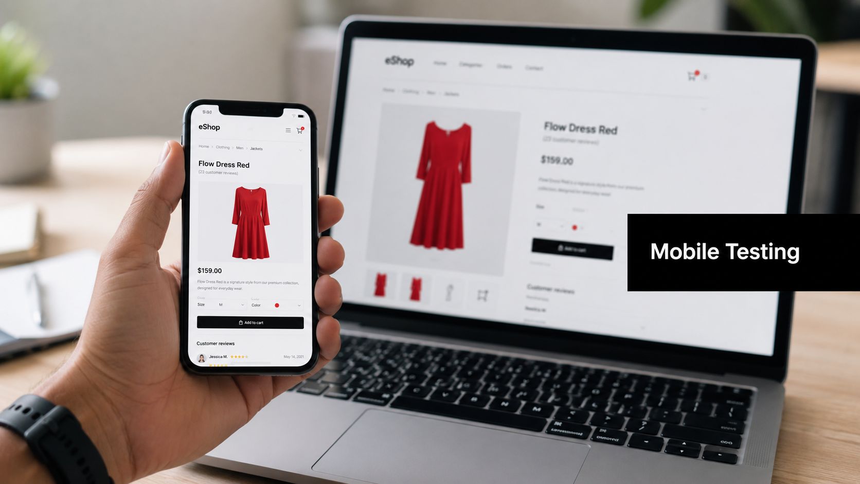 A hand holding a mobile phone displaying an e-commerce dress page in front of a laptop computer.