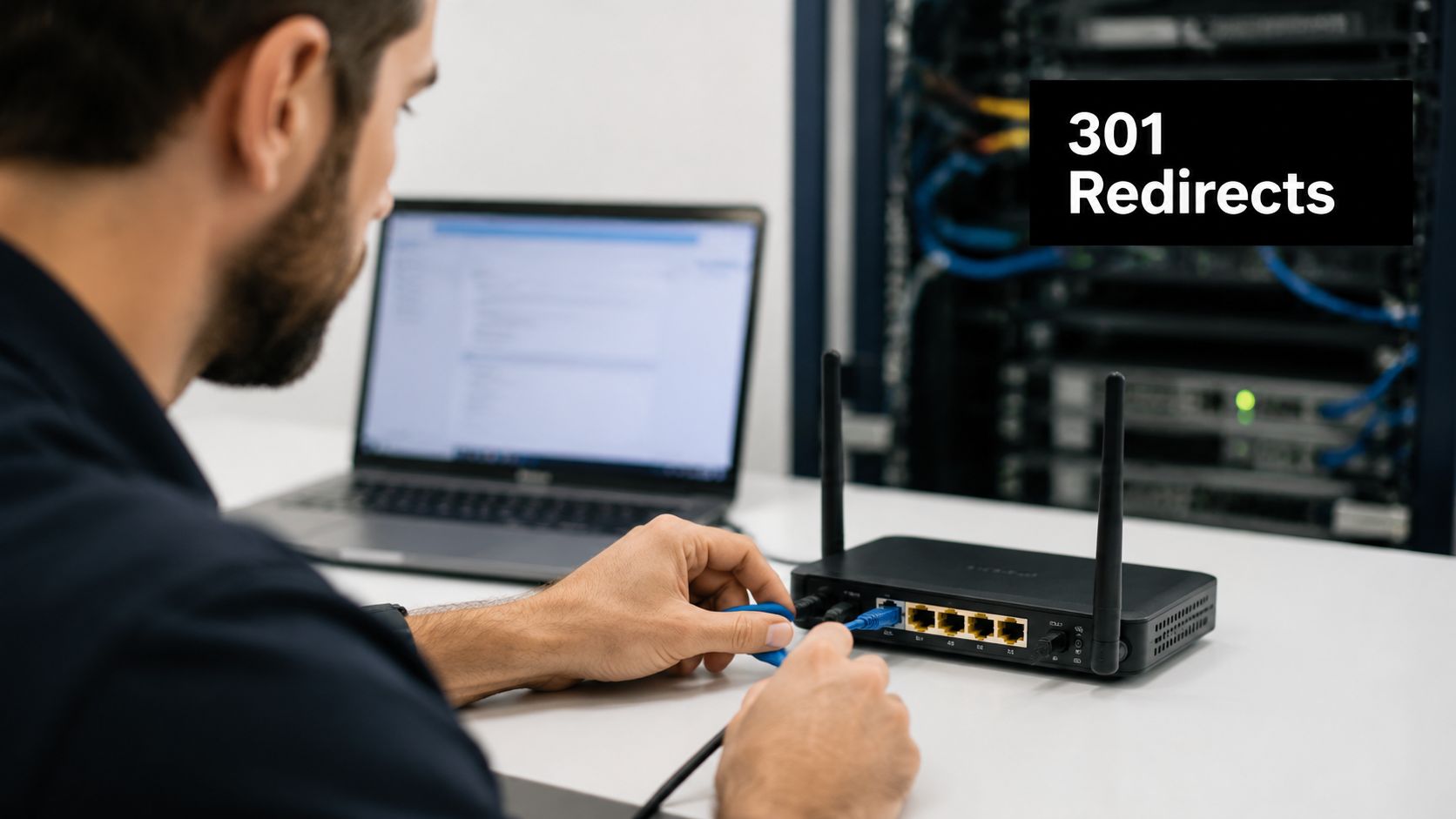 An IT technician plugging a network cable into a router while configuring server network settings.