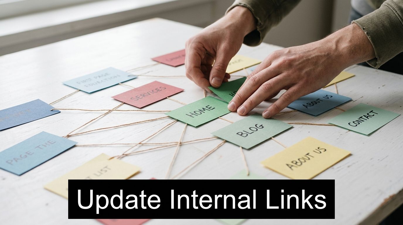 A person organizing a website sitemap using colorful sticky notes connected by string on a white table.