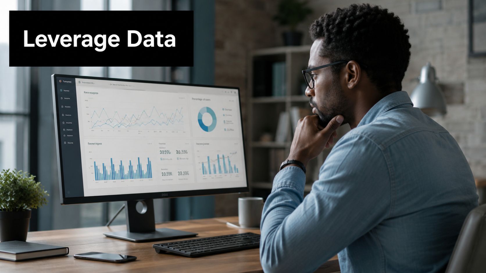 A professional man analyzing data charts and metrics on a computer screen in a modern workspace.