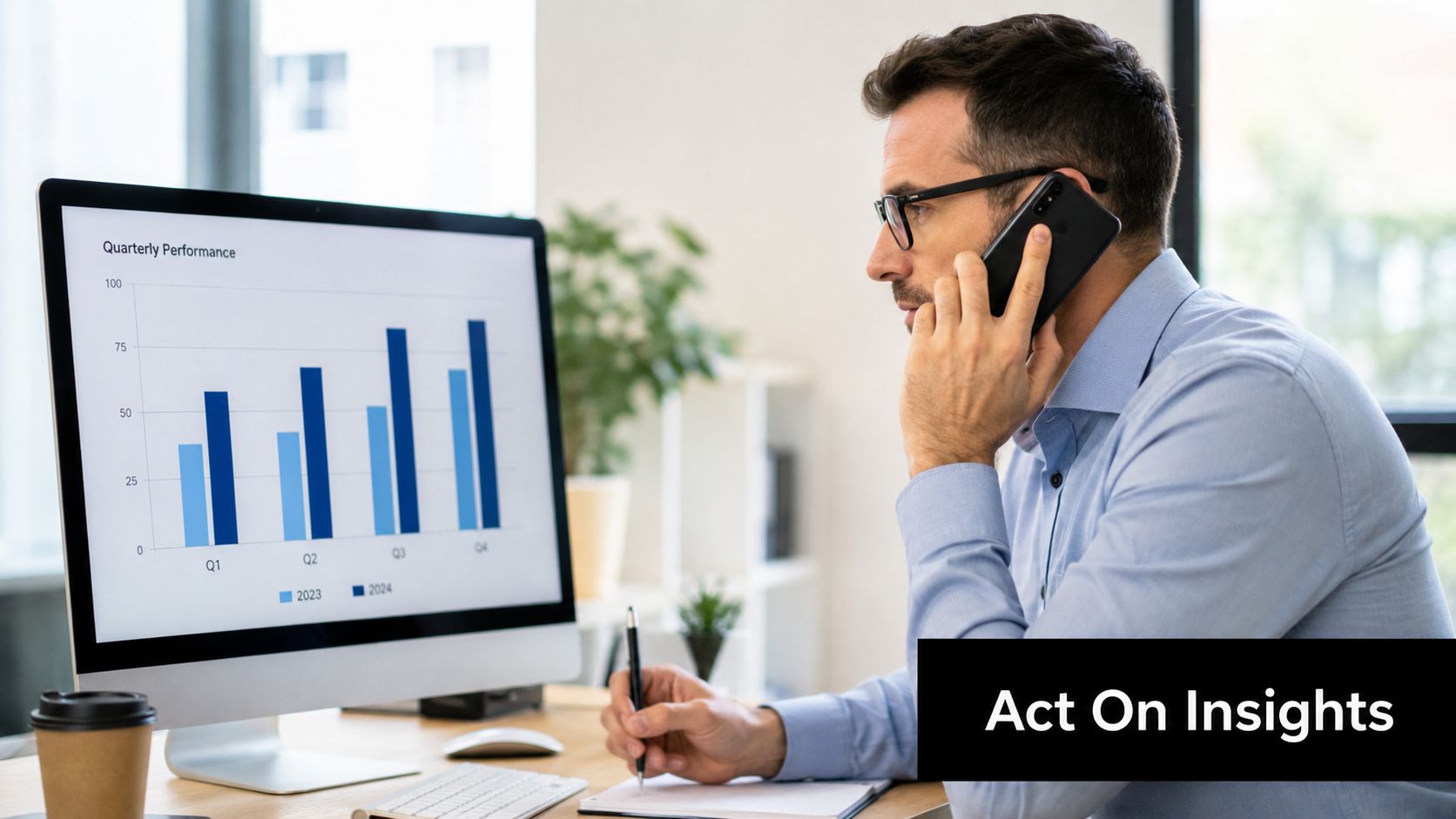 A professional man at his desk looking at a quarterly performance bar chart while on a phone call.