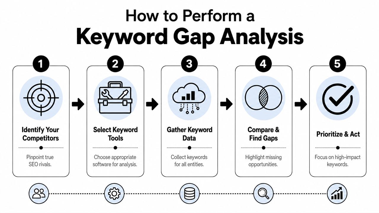 A five-step flowchart illustrating the process of performing a keyword gap analysis for SEO strategy.
