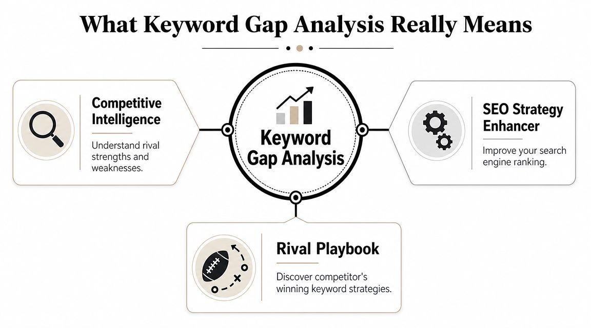 A diagram explaining that keyword gap analysis improves SEO strategy, provides competitive intelligence, and reveals competitor playbooks.