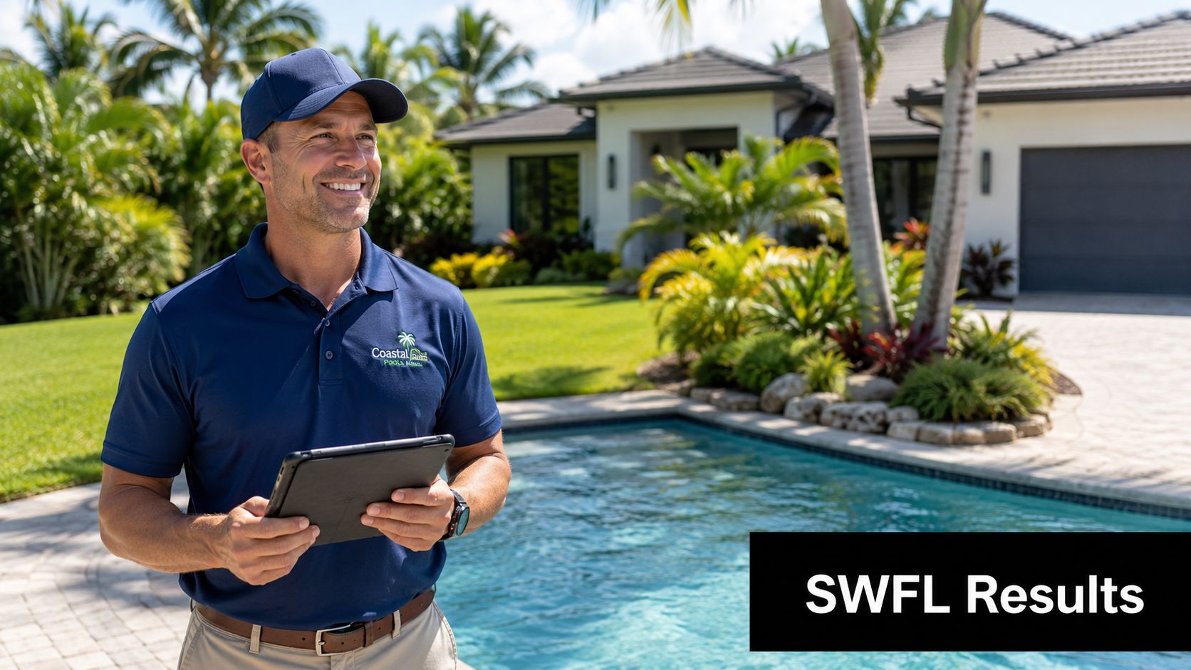 A professional pool technician stands by a backyard pool holding a digital tablet to record data.