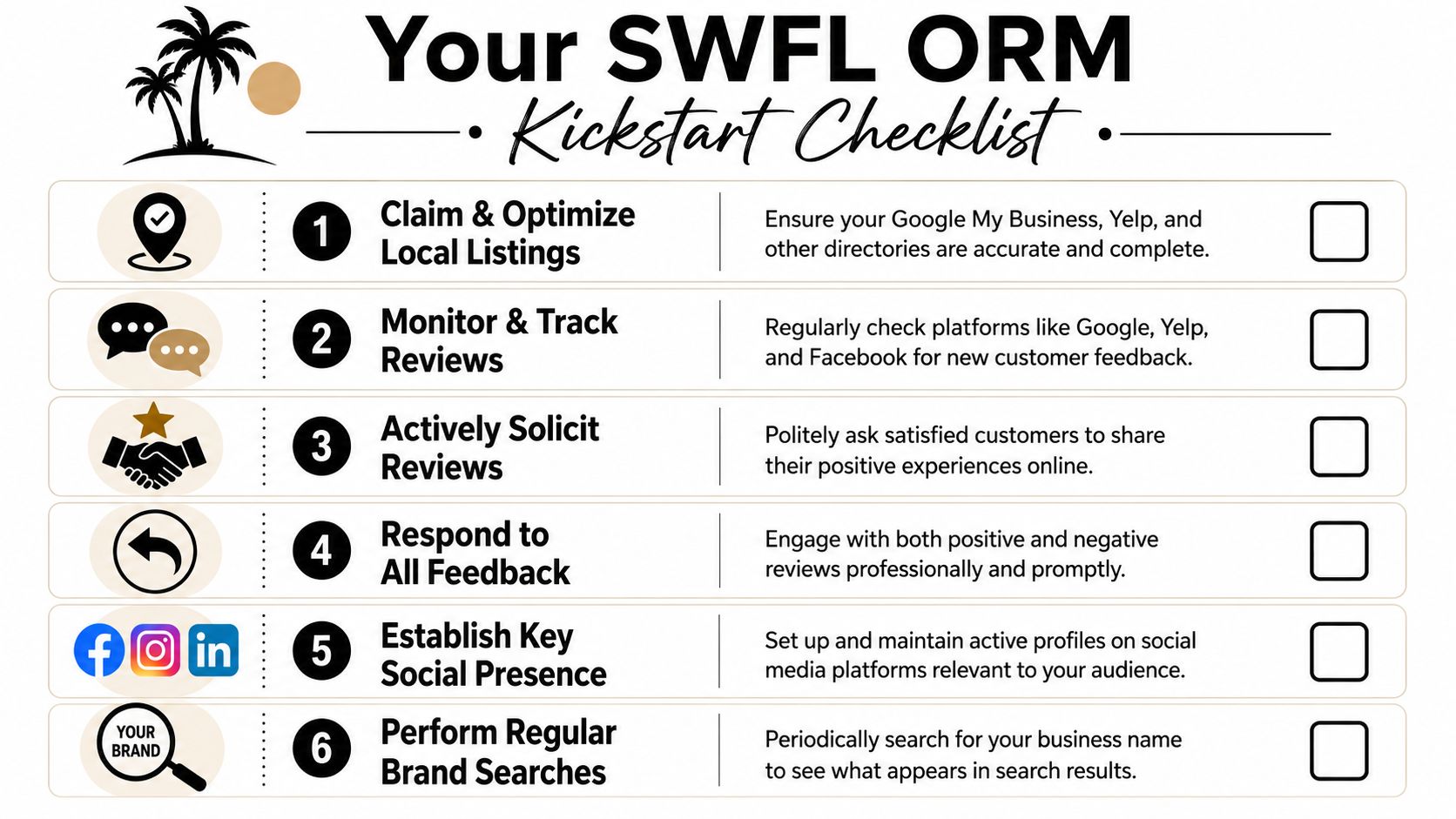 A checklist titled Your SWFL ORM Kickstart Checklist illustrating six essential steps for managing business online reputation.