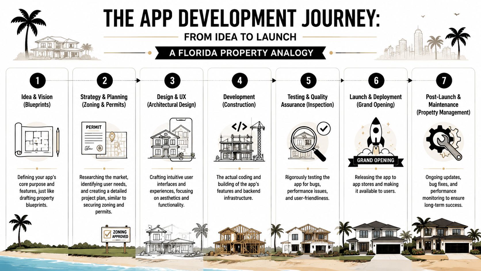 A visual guide explaining the app development lifecycle using a Florida property construction analogy from idea to launch.