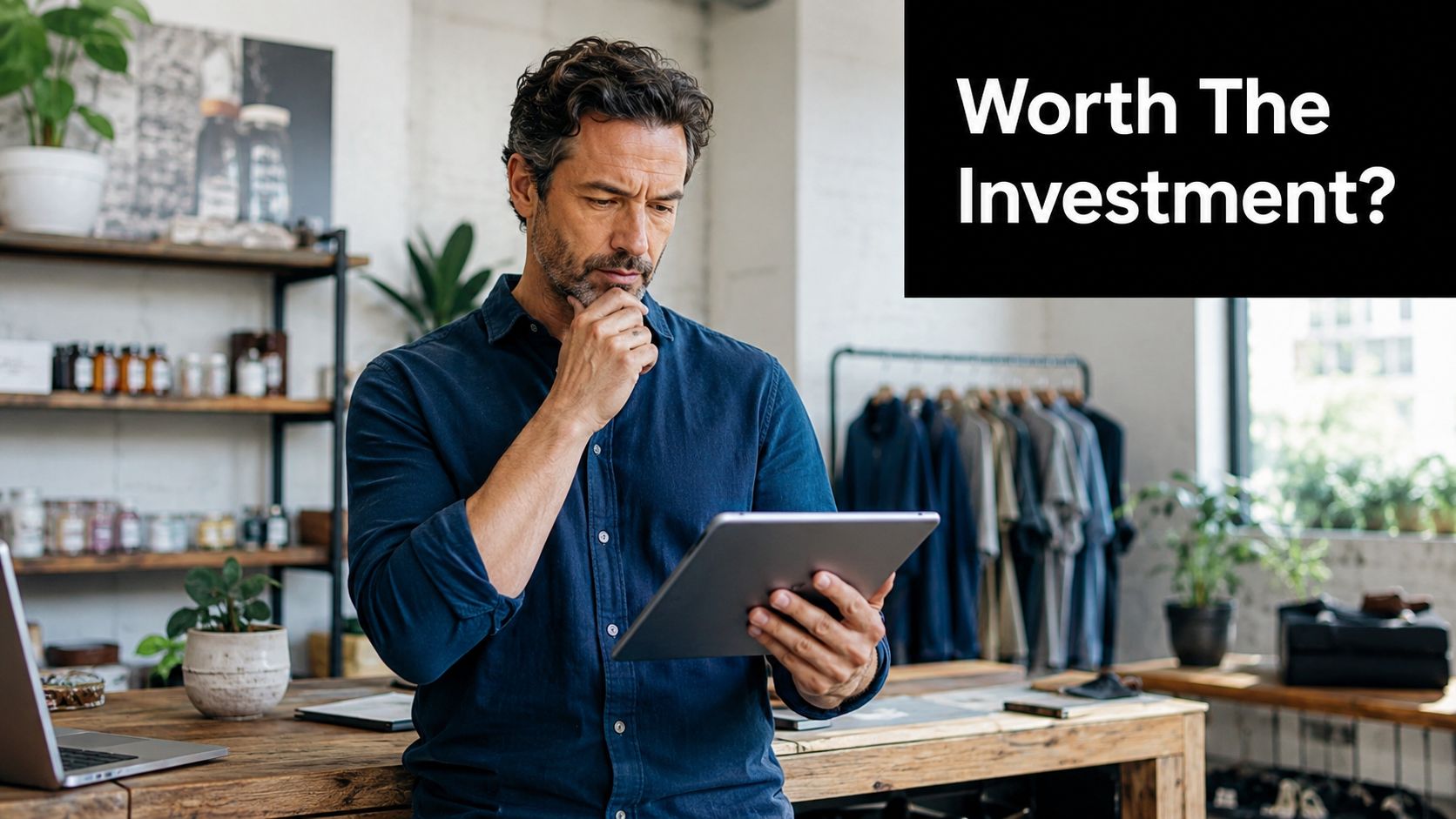 A pensive business owner examining a digital tablet in his clothing retail store boutique.