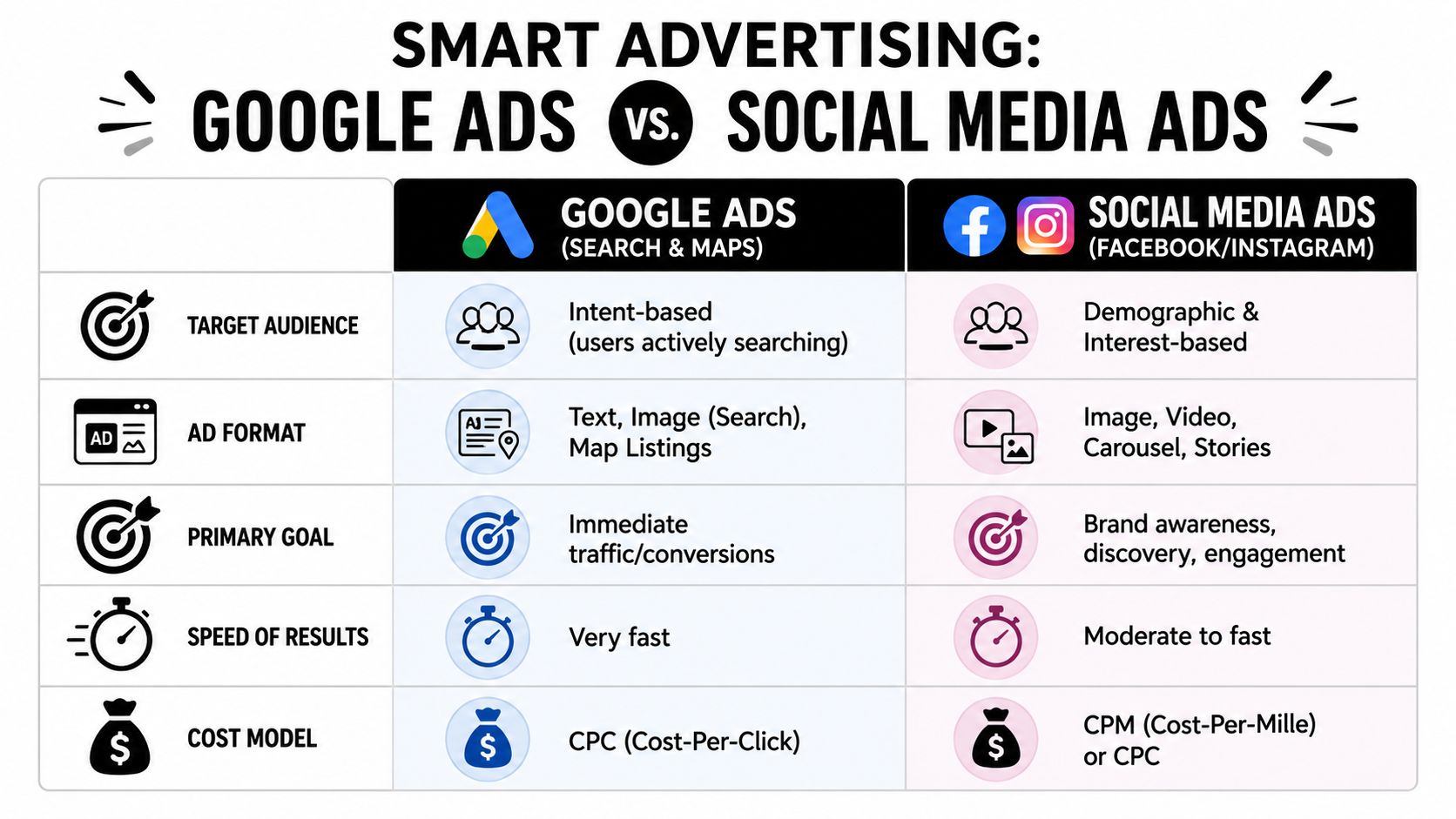 A comparison chart highlighting key differences between Google Ads and Social Media Ads for advertising strategies.