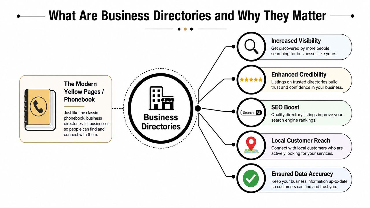 An infographic explaining the benefits of online business directories for companies to increase visibility and credibility.