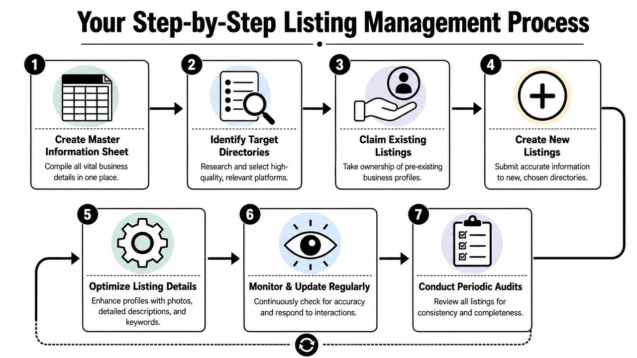 A seven-step flowchart illustrating a structured process for managing business directory listings and local online profiles.