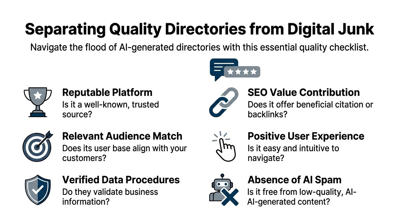 A checklist infographic titled Separating Quality Directories from Digital Junk, listing six criteria for evaluating business directories.